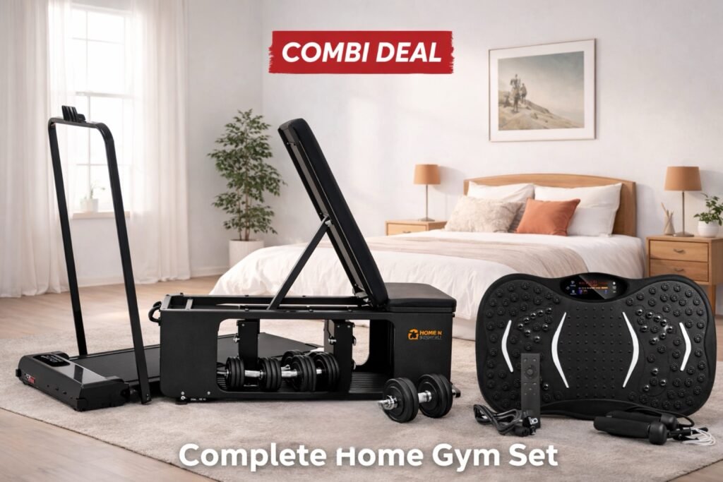 img_8120 Complete Home Gym Set – Fitnessbank, Loopband & Trilplaat met Dumbbells